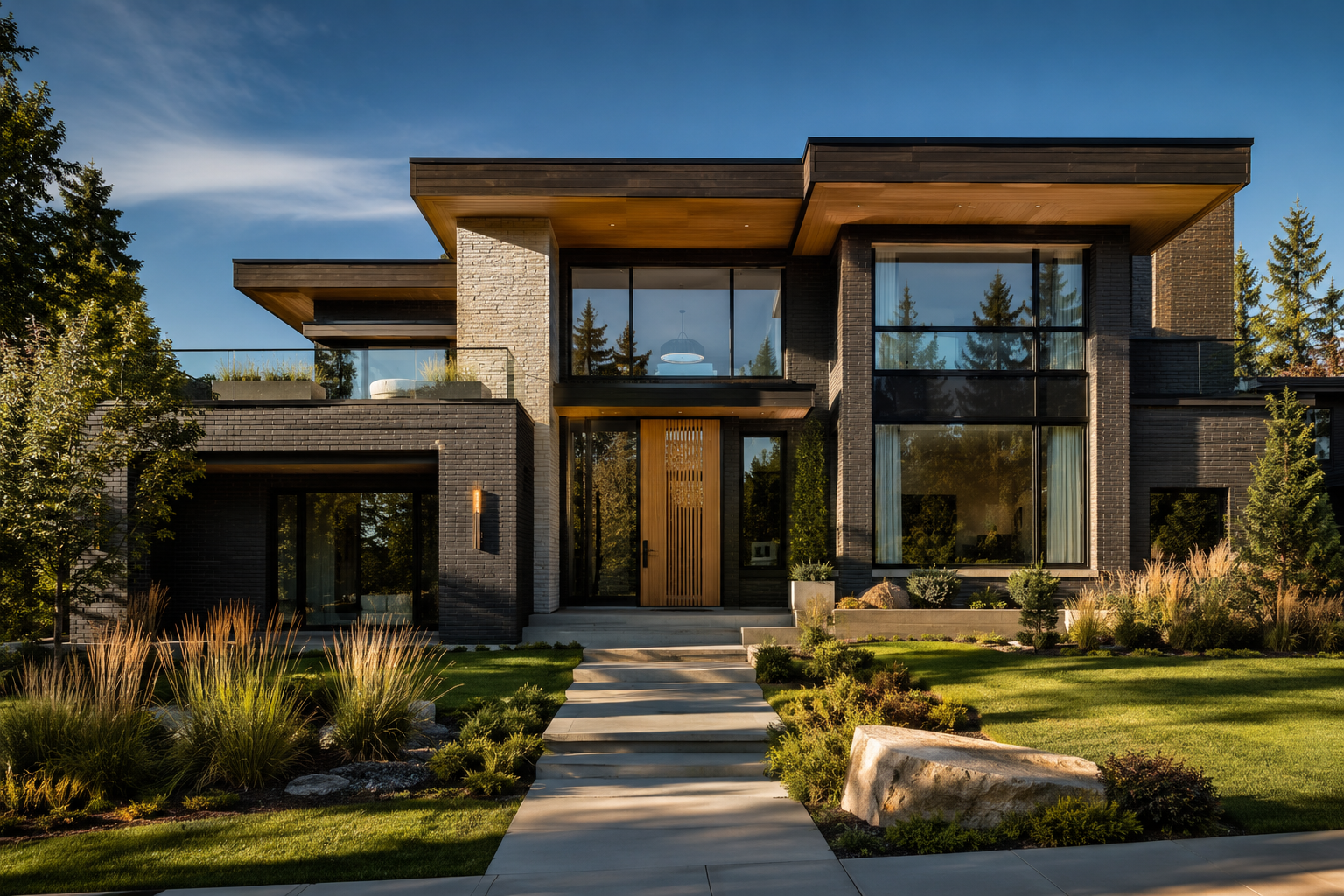 A modern Calgary infill home in daylight, brick, wood soffits, and a clean stone path.