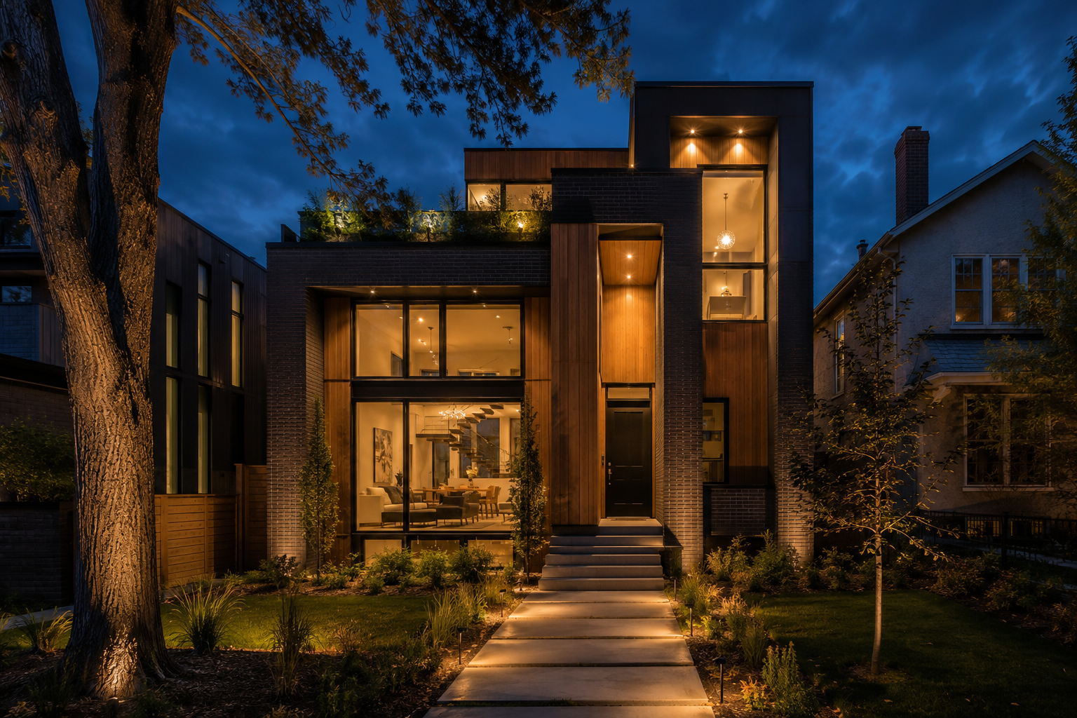 A dusk-lit modern Calgary infill home, warm wood and brick with glowing interiors and a stone walkway.