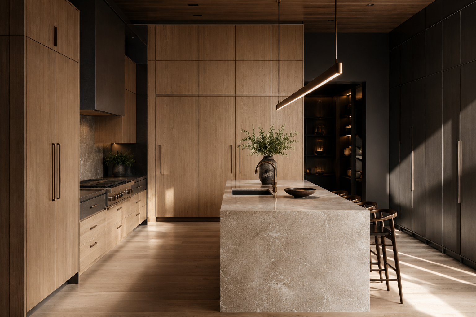 A warm minimalist kitchen with white oak millwork and a stone island.