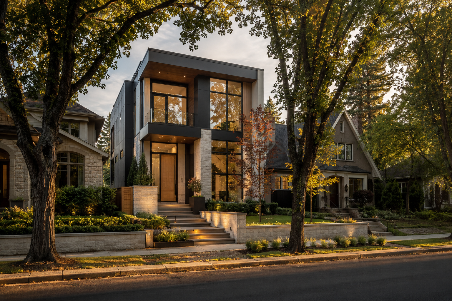 An established Calgary inner-city street at golden hour, with a modern infill home between mature trees.